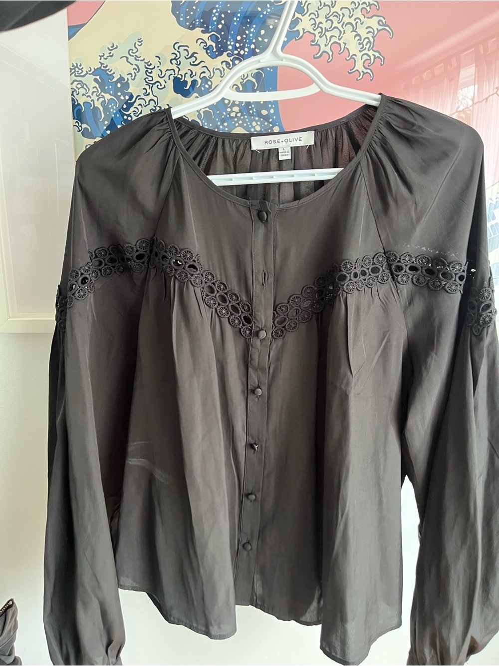 Rose & Olive Black Button-Front Lace-Trim Blouse